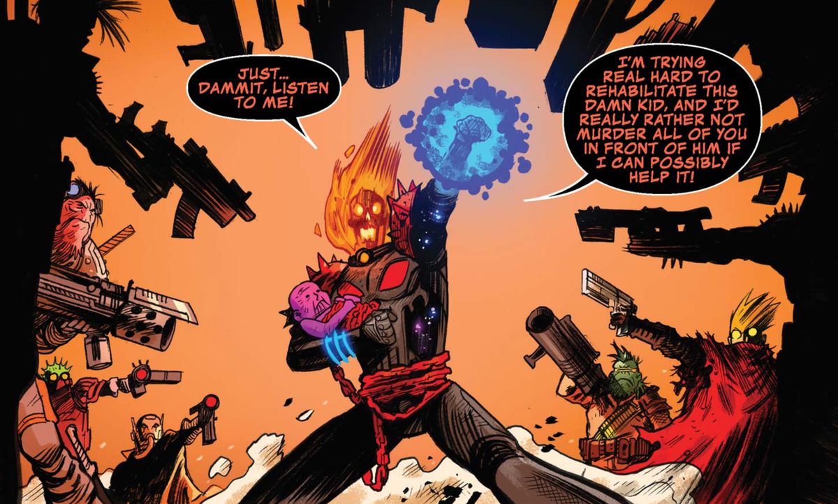 Frank Castle, the Cosmic Ghost Rider, and baby Thanos in Cosmic Ghost Rider #2, Marvel Comics (2018). 