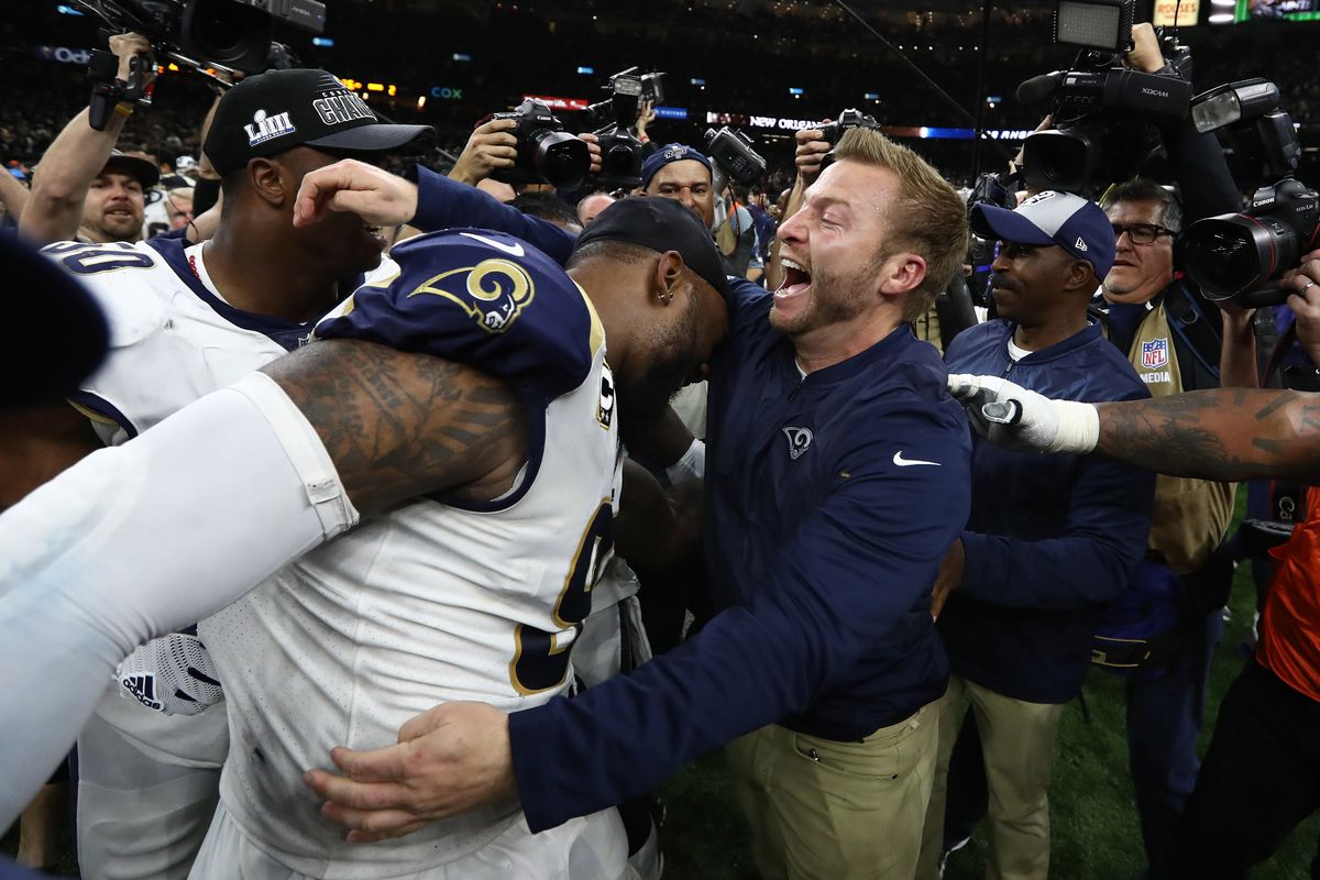 Los Angeles Rams HC Sean McVay celebrates with DT Michael Brockers after winning the NFC Championship game against the New Orleans Saints, Jan. 20, 2019.