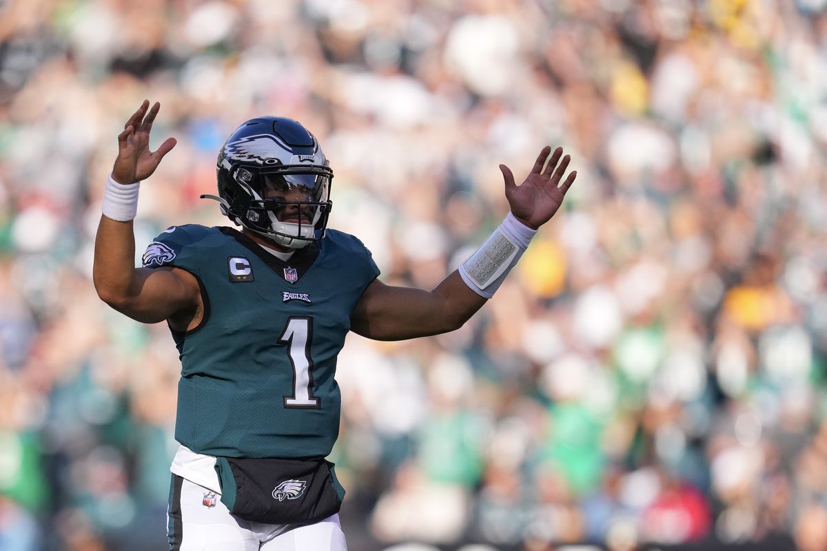 Jalen Hurts #1 of the Philadelphia Eagles reacts against the Pittsburgh Steelers at Lincoln Financial Field on October 30, 2022 in Philadelphia, Pennsylvania.