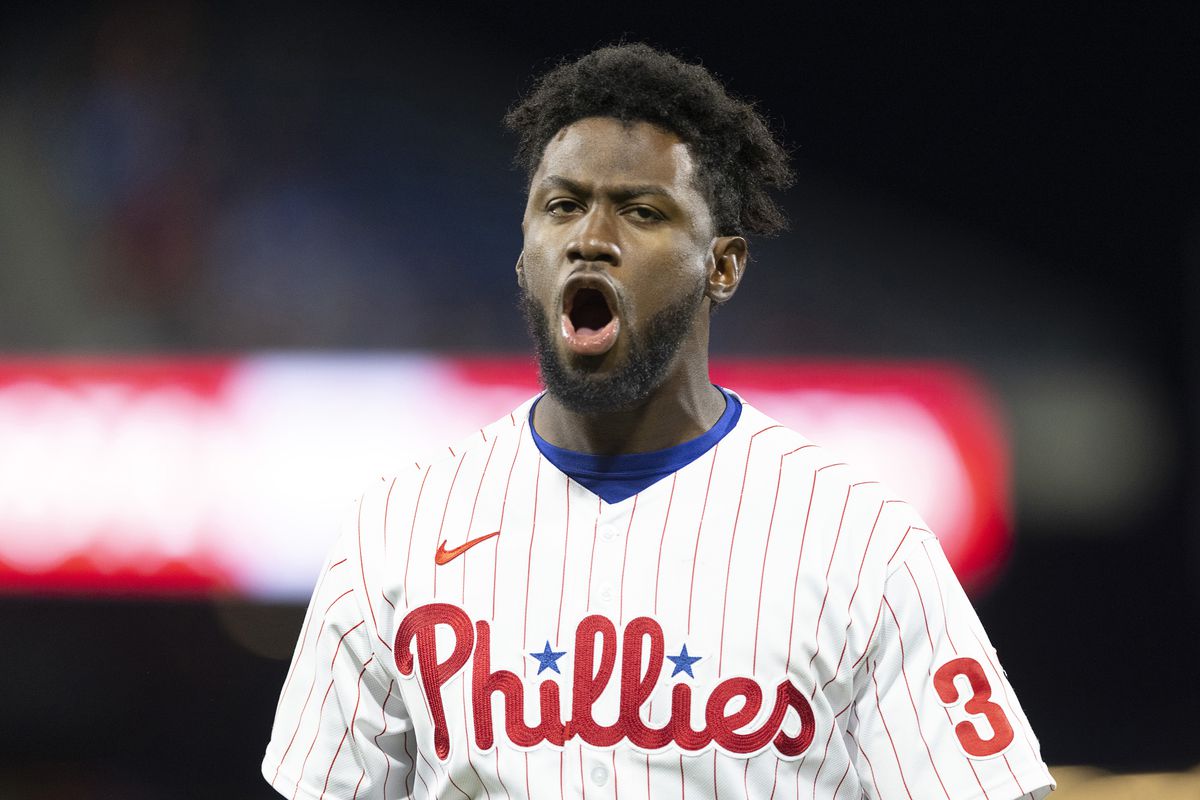 Odubel Herrera of the Philadelphia Phillies reacts after grounding out against the Baltimore Orioles in the bottom of the eight inning at Citizens Bank Park on September 20, 2021 in Philadelphia, Pennsylvania. The Baltimore Orioles defeated the Philadelphia Phillies 2-0.