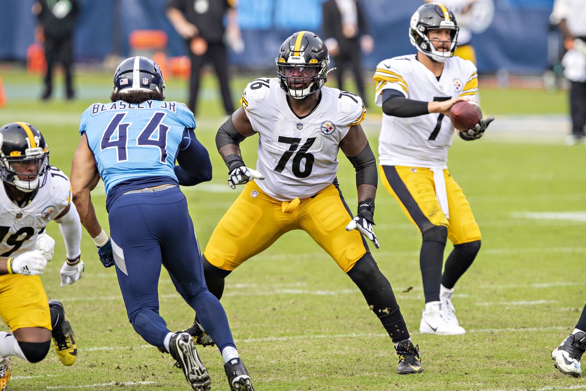 Chukwuma Okorafor #76 of the Pittsburgh Steelers pass blocks during a game against the Tennessee Titans at Nissan Stadium on October 25, 2020 in Nashville, Tennessee. The Steelers defeated the Titans 27-24.