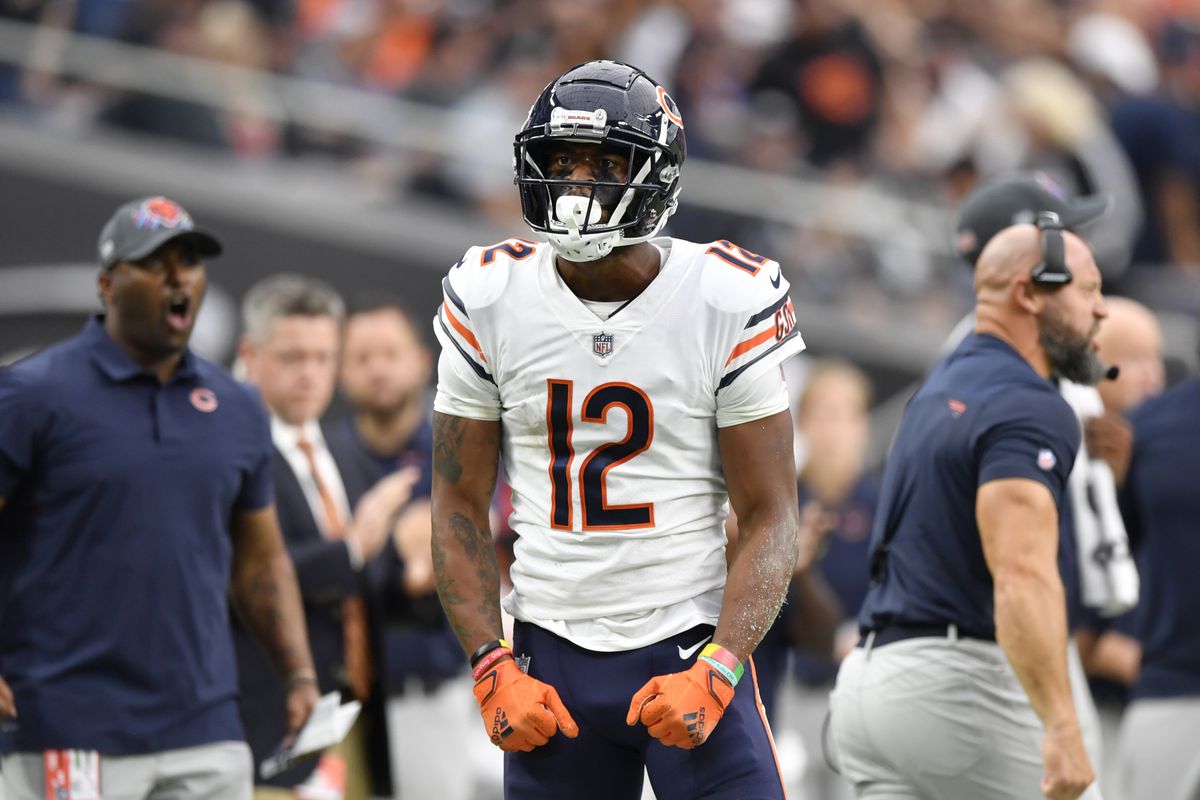Wide receiver Allen Robinson #12 of the Chicago Bears reacts after his catch for a first down against the Las Vegas Raiders during the first half of a game at Allegiant Stadium on October 10, 2021 in Las Vegas, Nevada.