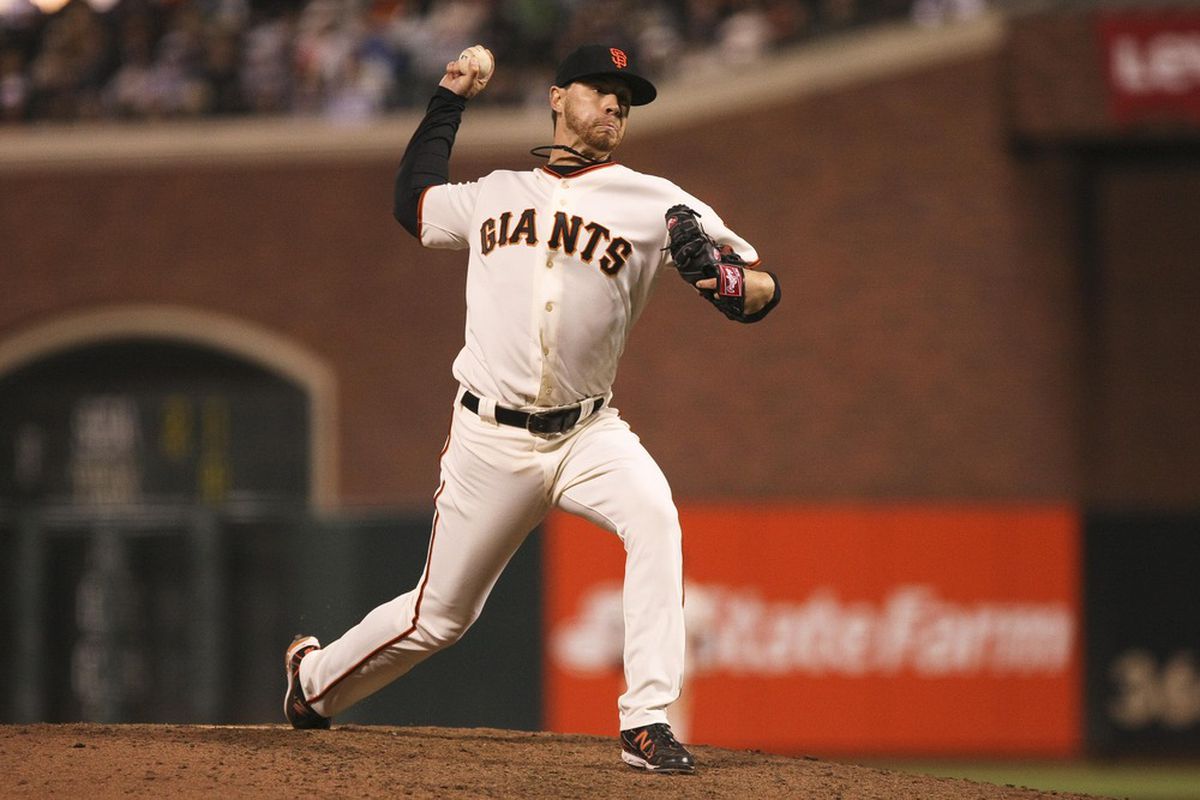 May 30, 2012; San Francisco, CA, USA; San Francisco Giants relief pitcher Steve Edlefsen (65) pitches the ball against the Arizona Diamondbacks during the eighth inning at AT&T Park. Mandatory Credit: Kelley L Cox-US PRESSWIRE