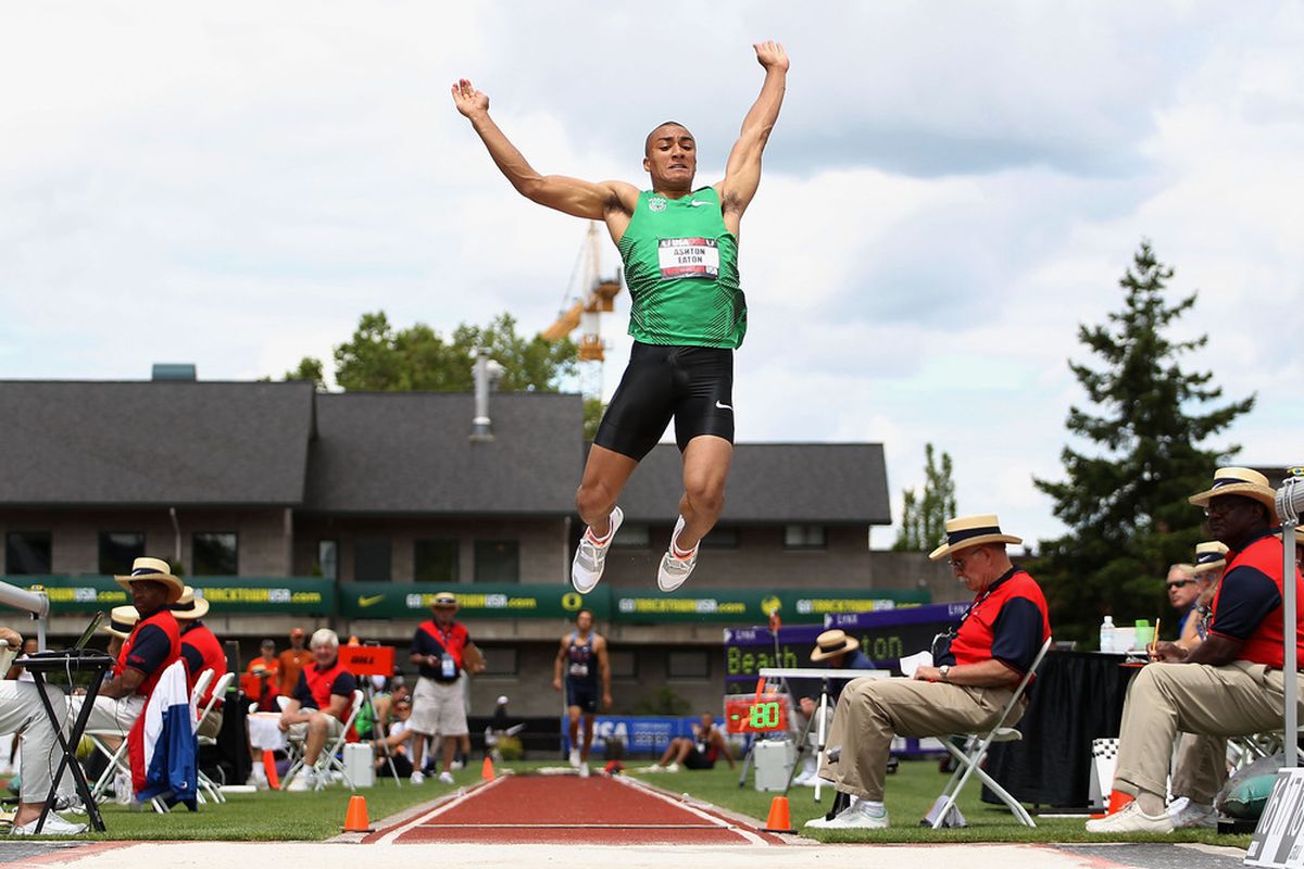 Ashton Eaton competes in the Men's long jump portion of the decathlon at the USA Outdoor Track & Field Championships at  Hayward Field.