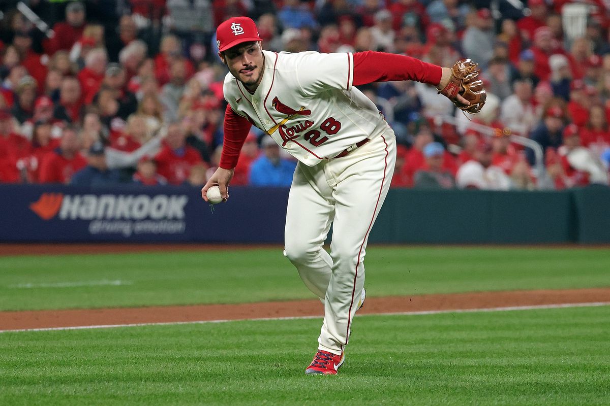 Nolan Arenado #28 of the St. Louis Cardinals fields a ground ball against the Philadelphia Phillies during game two of the National League Wild Card Series at Busch Stadium on October 08, 2022 in St Louis, Missouri.