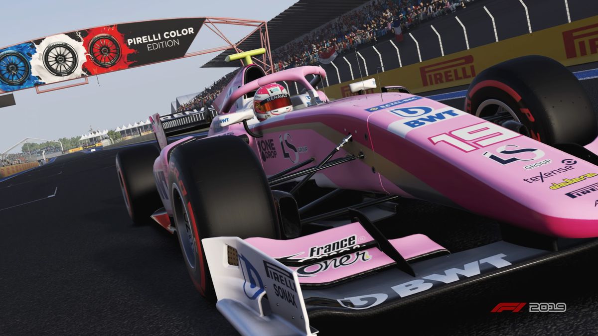 The striking pink No. 19 of Anthoine Hubert for Formula 2’s BWT Arden approaches the finish line all alone at Circuit Paul Ricard, France, in F1 2019