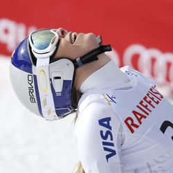 United States' Lindsey Vonn reacts at the finish line during the women's giant slalom competition at the alpine skiing world championships, Thursday, Feb. 12, 2015, in Beaver Creek, Colo. 