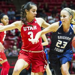 Utah forward Malia Nawahine (3) applies pressure to Brigham Young guard Makenzi Pulsipher (23) during an NCAA womens college basketball game in Salt Lake City on Saturday, Dec. 10, 2016. Utah defeated rival Brigham Young with a final score of 77-60.