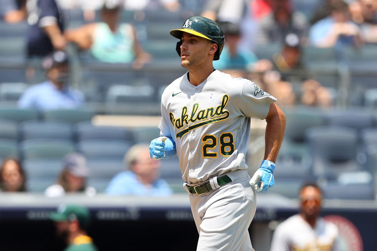 Matt Olson #28 of the Oakland Athletics heads home after hitting a home run in the first inning against the New York Yankees at Yankee Stadium on June 20, 2021 in New York City.