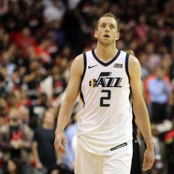 Utah Jazz forward Joe Ingles (2) reacts as the Jazz are losing in the last minutes of Game 5 of the NBA playoffs against the Houston Rockets at the Toyota Center in Houston on Tuesday, May 8, 2018. The Jazz lost 112-102.