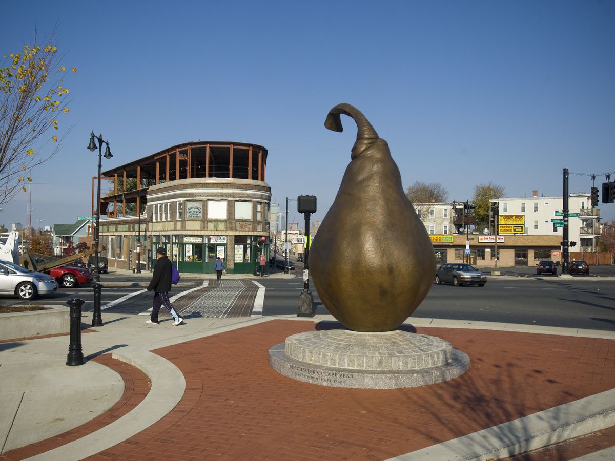 A giant sculpture of a pear in Boston.