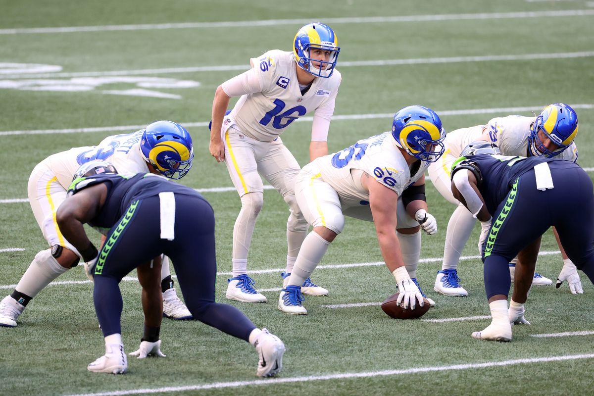 Jared Goff #16 of the Los Angeles Rams calls out plays in the third quarter against the Seattle Seahawks at Lumen Field on December 27, 2020 in Seattle, Washington.