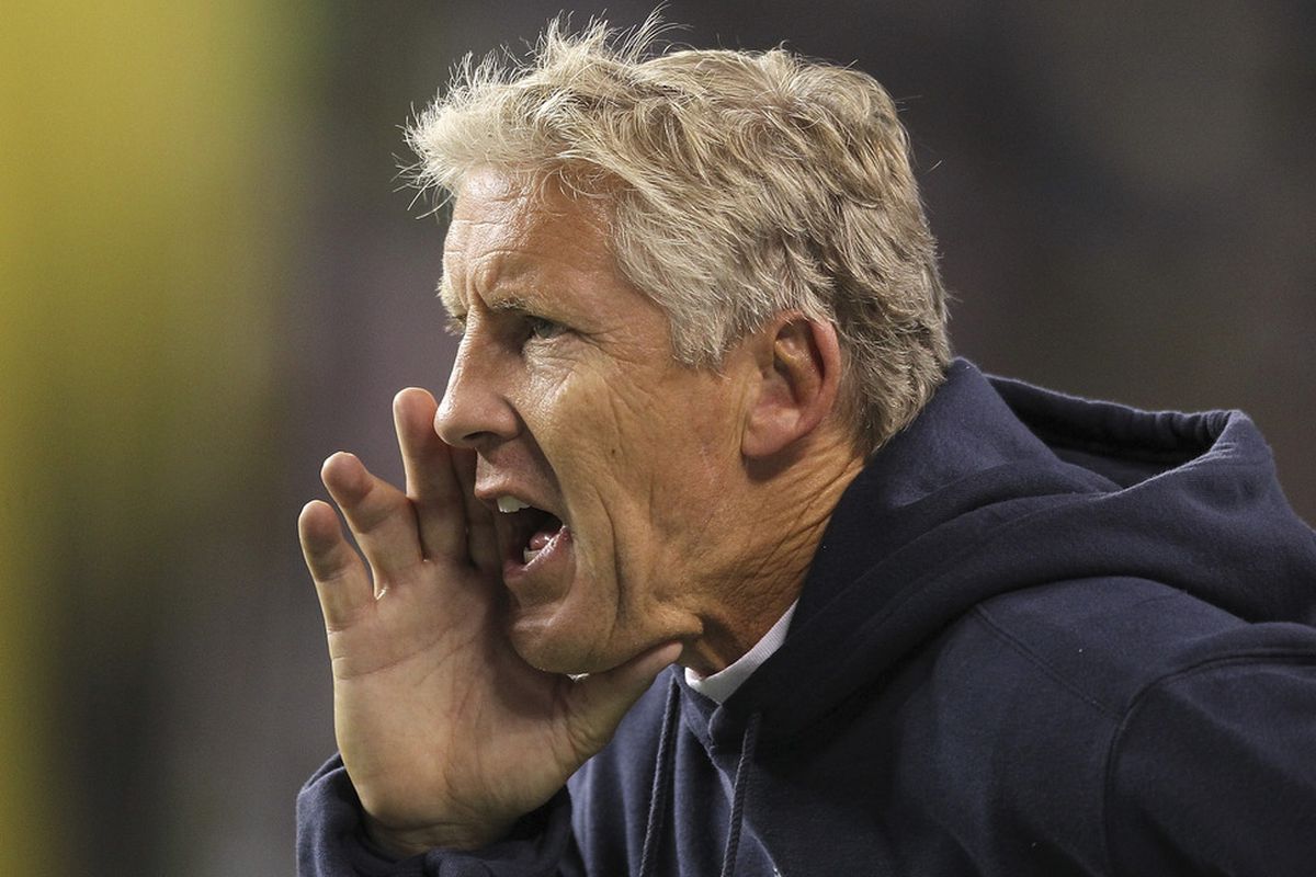 SEATTLE - SEPTEMBER 02:  Head coach Pete Carroll of the Seattle Seahawks calls instruction during the game against the Oakland Raiders at CenturyLink Field on September 2, 2011 in Seattle, Washington. (Photo by Otto Greule Jr/Getty Images)