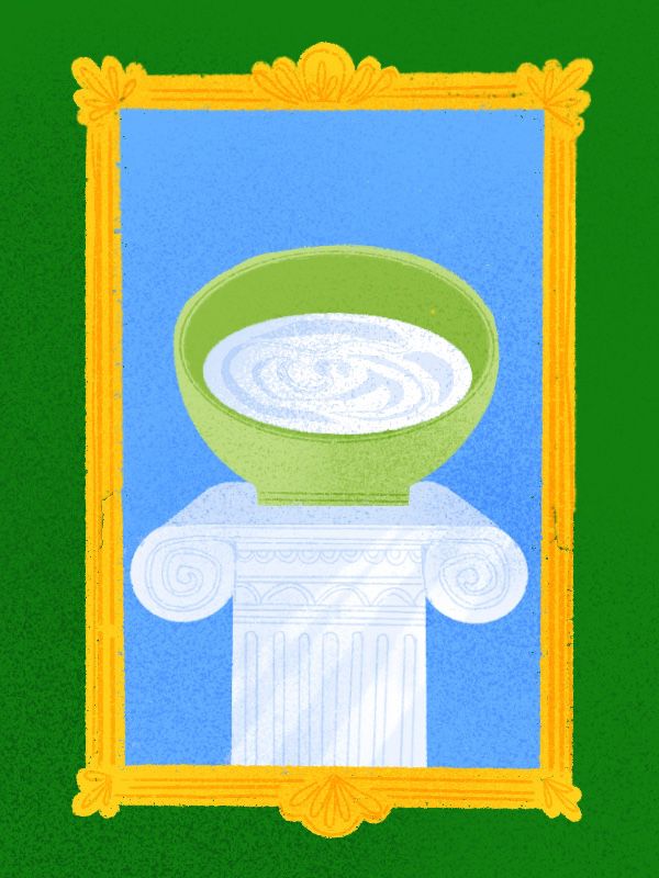 A portrait of a bowl of yogurt atop a Greek column. Illustration.
