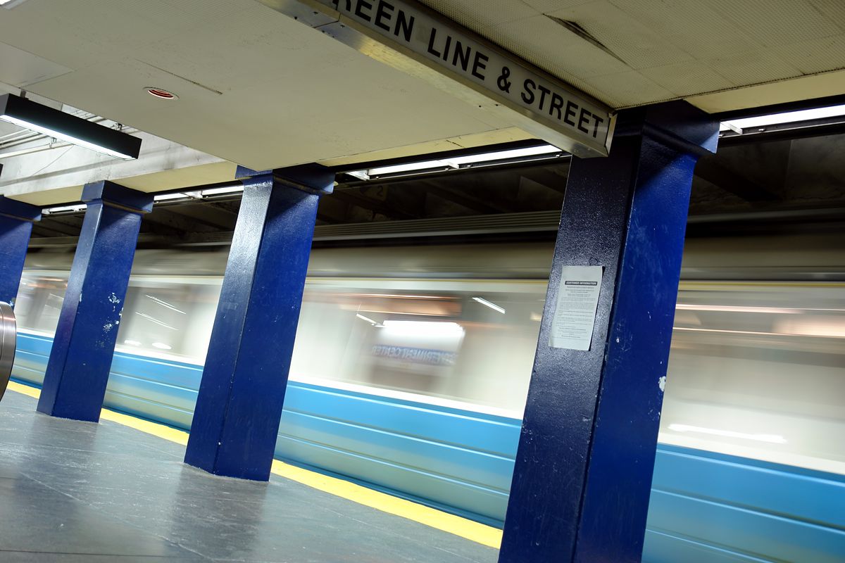 A photo of a Blue Line platform in Boston