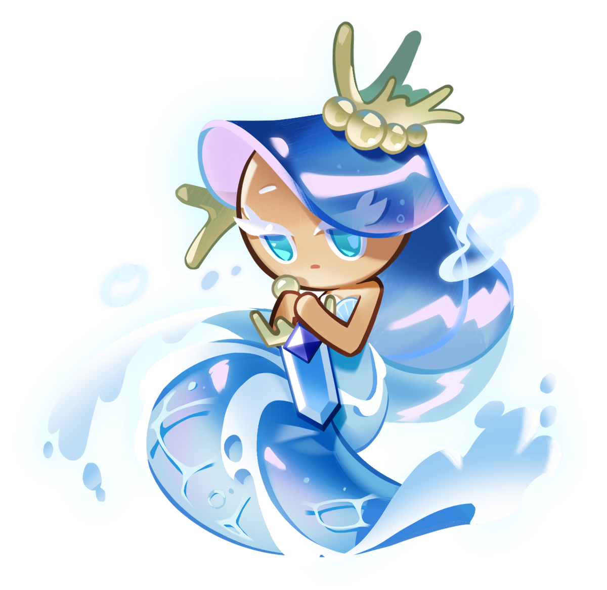 Sea fairy cookie clutches a jewel-like sword. her dress looks like the a wave in the ocean. 