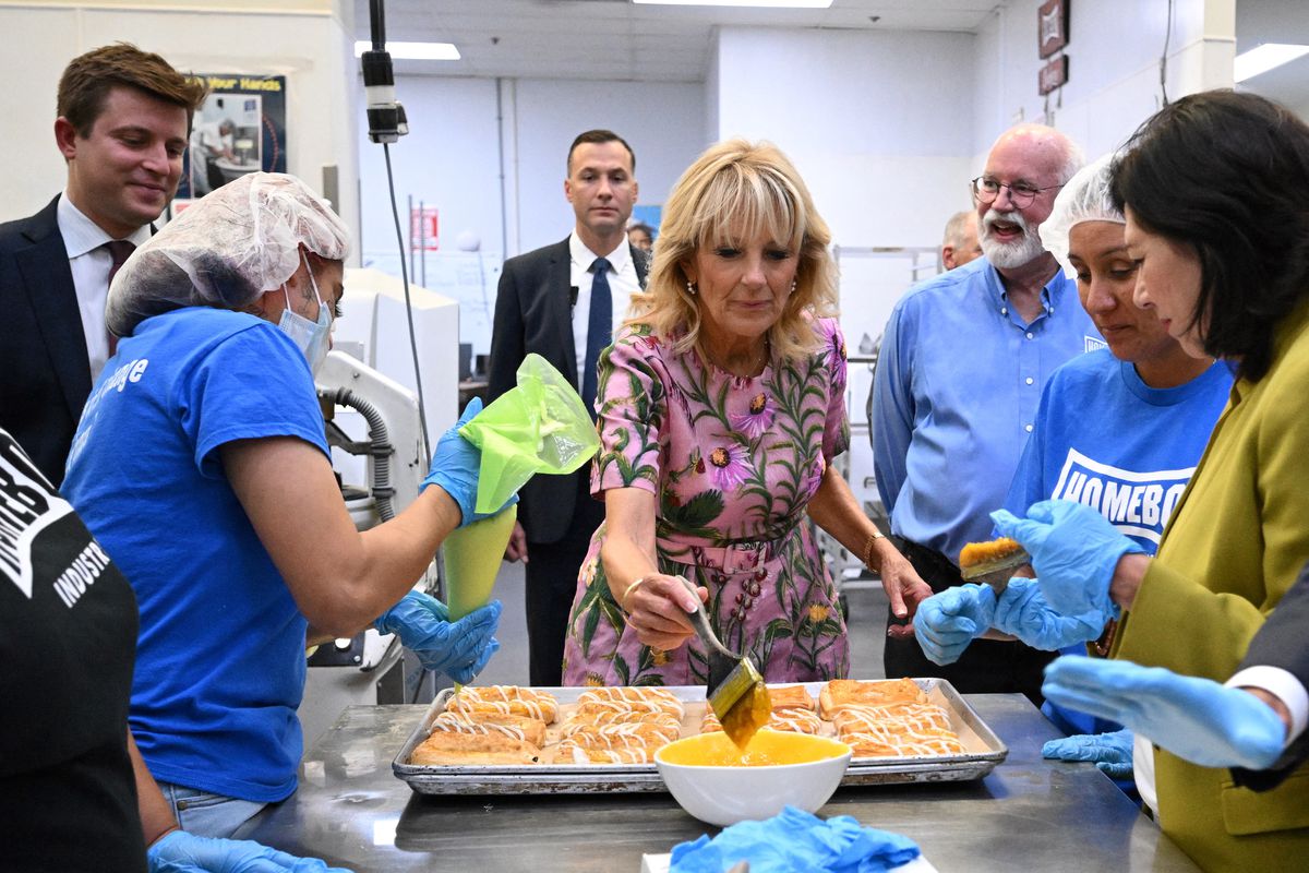 First Lady Dr. Jill Biden bakes with team members at Homegirl Cafe of Homeboy Industries.