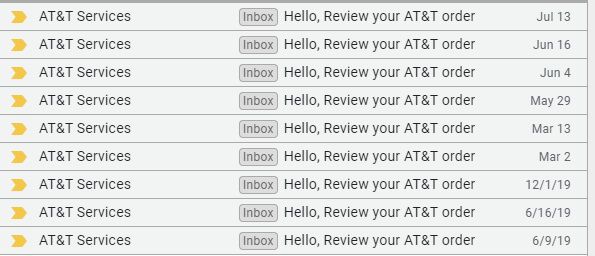 Nine Gmail subject lines that say “Hello, review your AT&amp;T order”