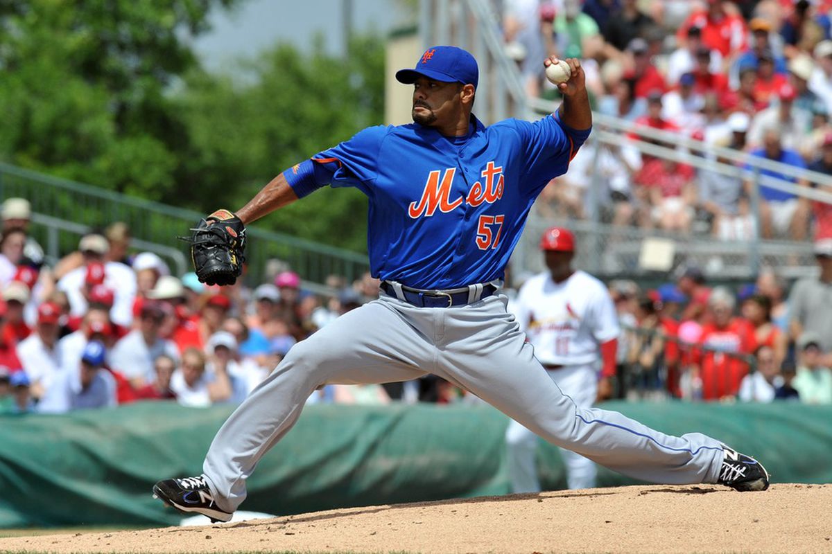 March 21, 2012; Jupiter, FL, USA; New York Mets starting pitcher Johan Santana (57) throws in the first inning against the St. Louis Cardinals during a spring training game at Roger Dean Stadium. Mandatory Credit: Steve Mitchell-US PRESSWIRE