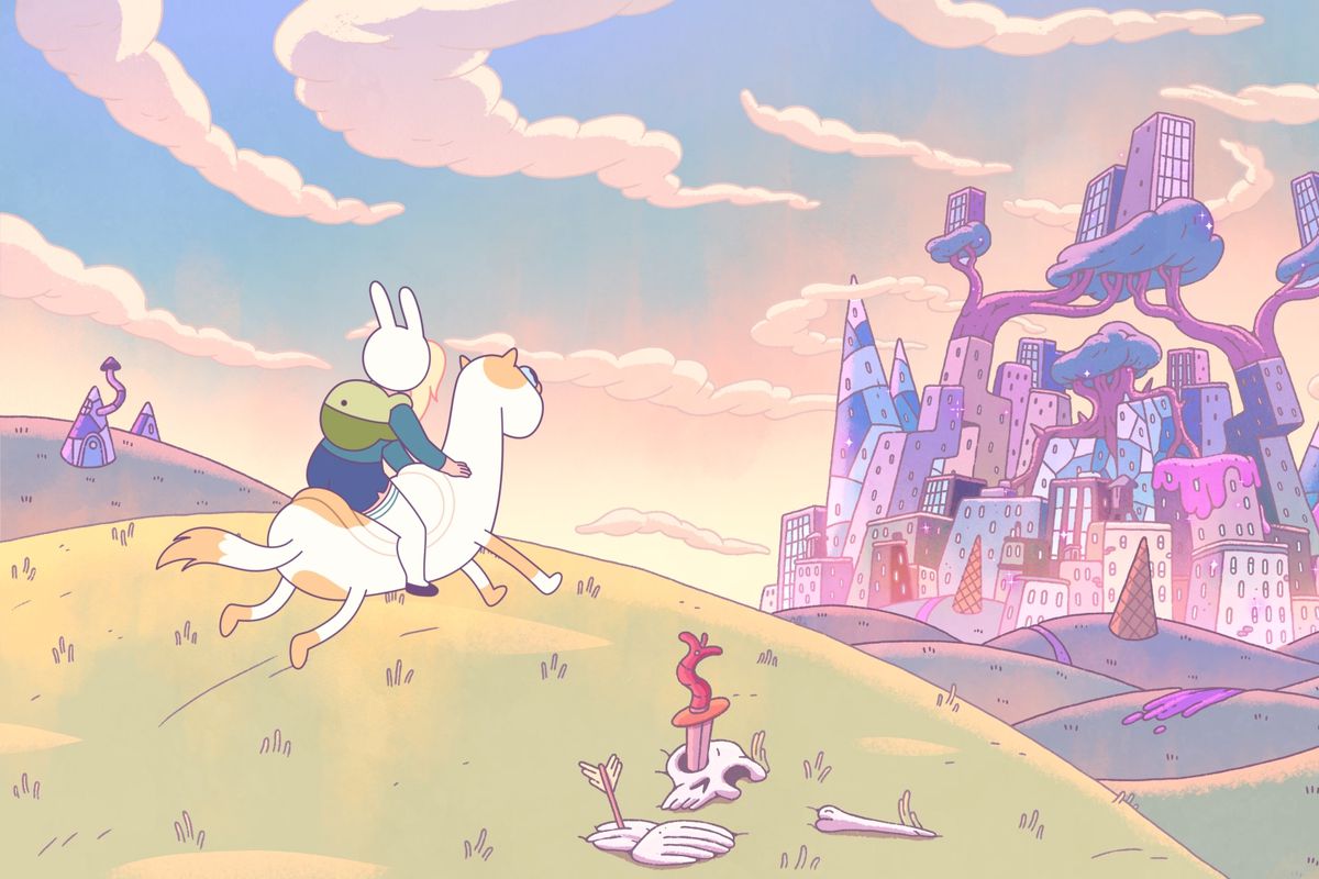 Fionna and Cake (stretched into a horse-like shape) gallop across the plains toward a pink city in Fionna and Cake.