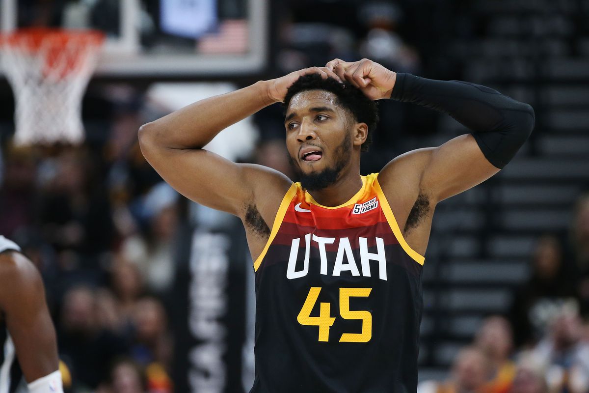 Utah Jazz guard Donovan Mitchell reacts at Vivint Arena 