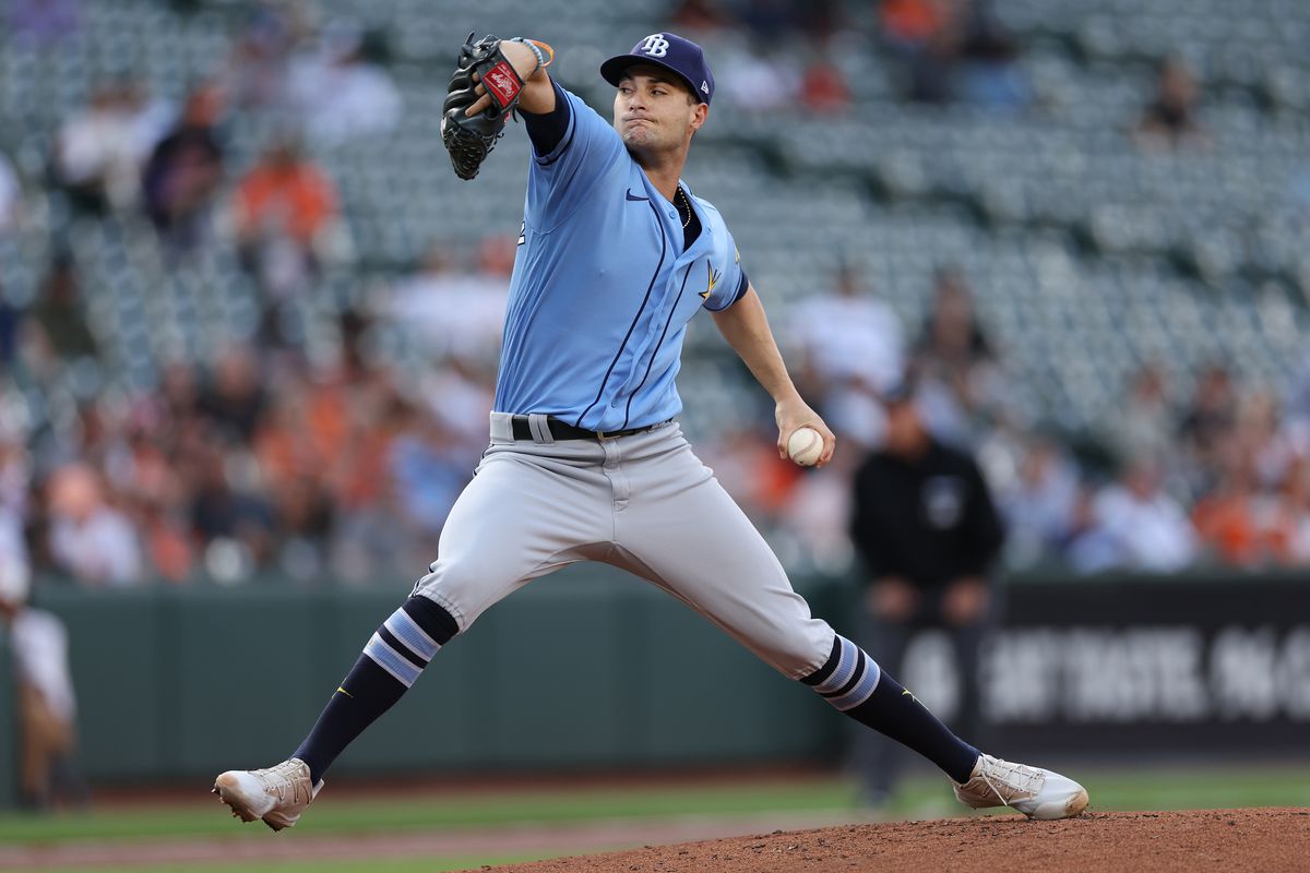 Starting pitcher Shane McClanahan of the Tampa Bay Rays works the first inning against the Baltimore Orioles at Oriole Park at Camden Yards on May 8, 2023 in Baltimore, Maryland