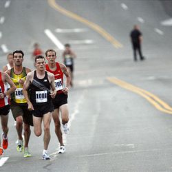 Race leaders (from left) Andrew Letherby, Seth Pilkington, Christian Hesch, Teren Jameson, and Grant Robison, compete in the Deseret News 10k race though Salt Lake City on Thursday July 24, 2008.