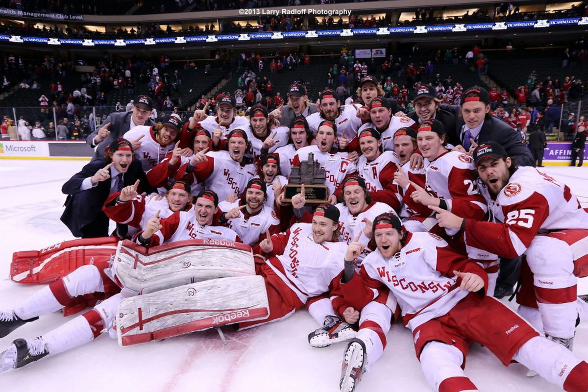 Wisconsin celebrates after winning the Broadmoor Trophy as WCHA playoff champions.