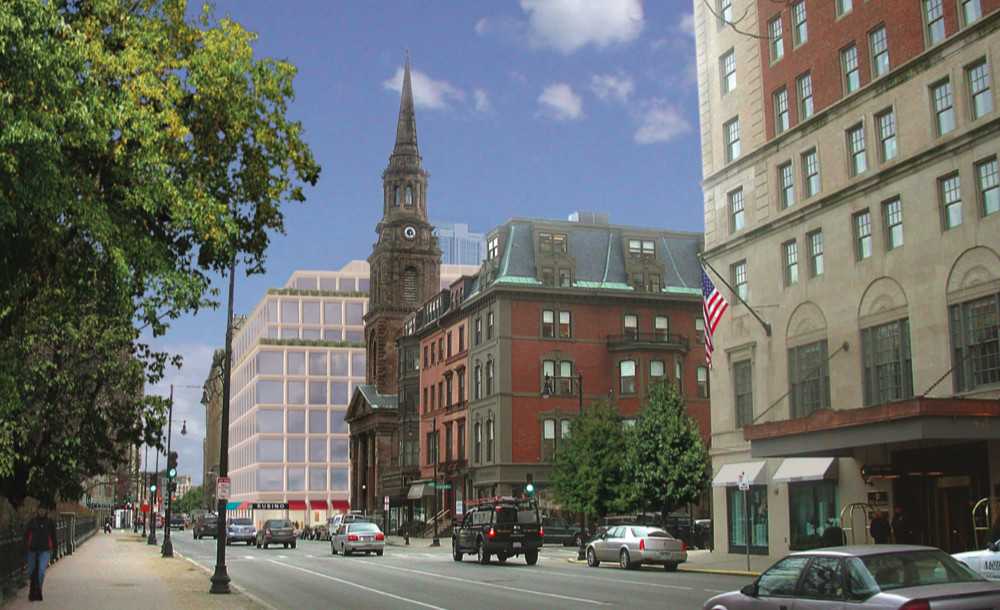 Rendering of a nine-story office building along a low-rise street.