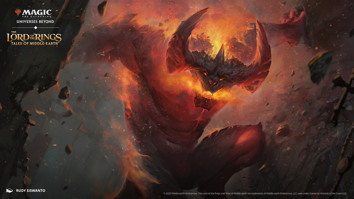 Art from Magic: The Gathering The Lord of the Rings: Tales of Middle-earth. The image shows&nbsp;a fiery giant destroying the land.