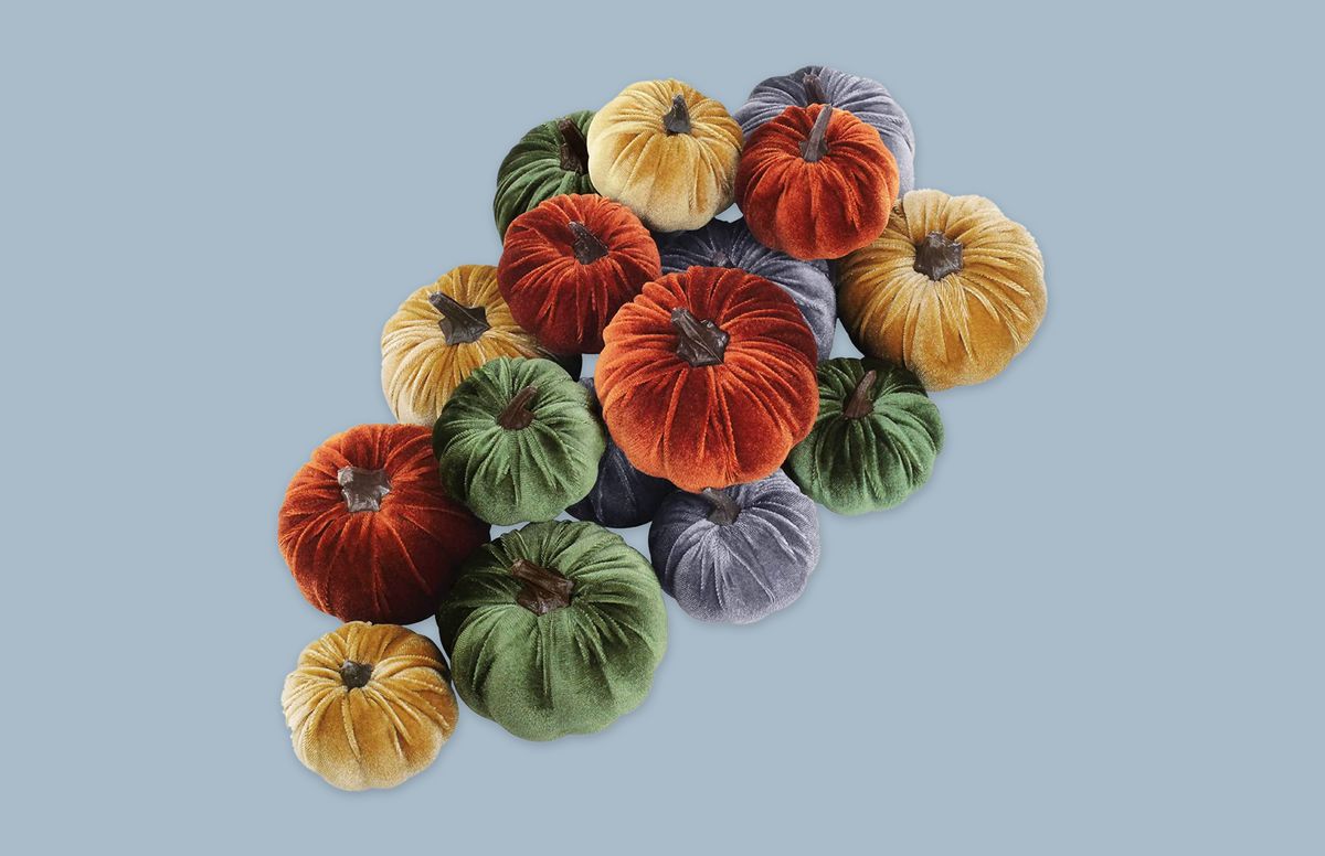 Winlyn Assorted Faux Pumpkins in rustic fall colors on blue background