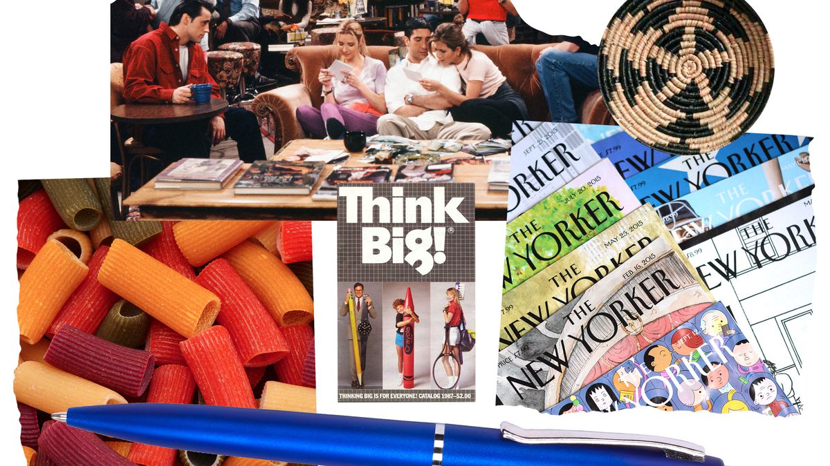 A collage of images that shows the references found in Gigi Hadid’s NYC apartment. There is colored pasta, New Yorker magazines, a pen, Friends, and a woven basket. 