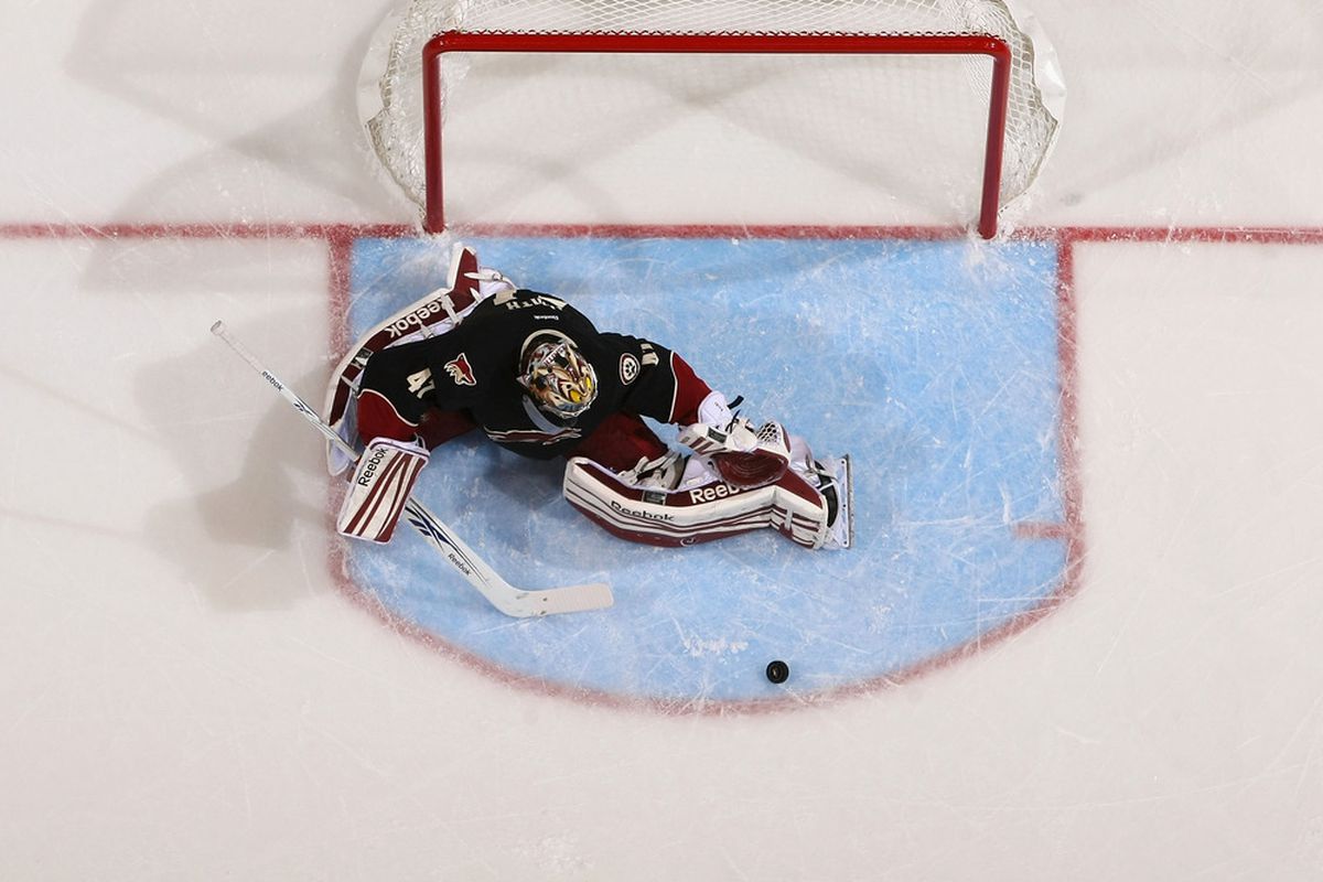 My vote for the Vezina trophy had Mike Smith first.  Here is making a pad save on non-pictured New Jersey Devil.   This was when the Coyotes defeated the Devils 5-3 way back in October. (Photo by Christian Petersen/Getty Images)