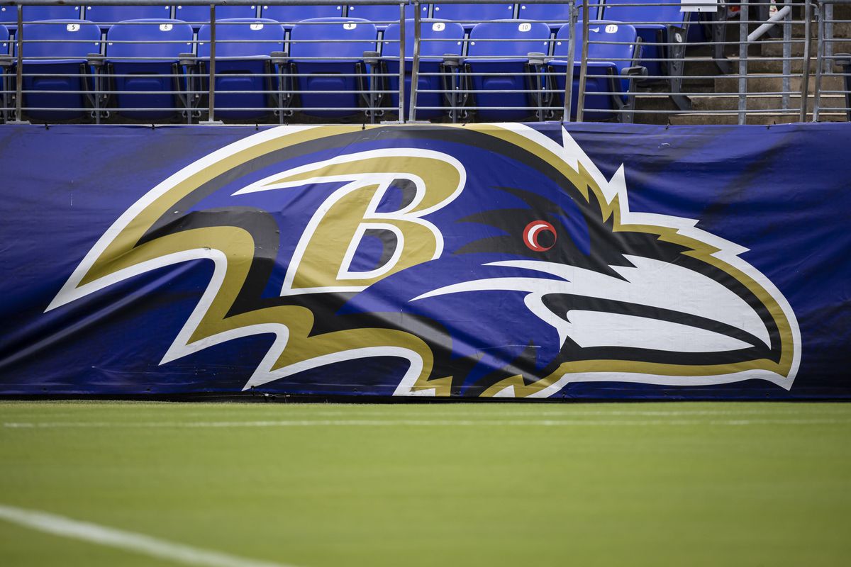 A general view of the Baltimore Ravens logo during training camp at M&amp;T Bank Stadium on July 31, 2021 in Baltimore, Maryland.