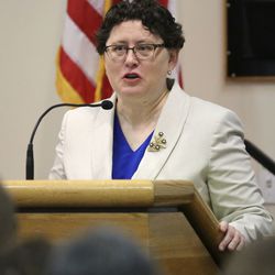 Elizabeth A. Clark, associate director of the International Center for Law and Religious Studies at Brigham Young University's L. Reuben Clark Law School, speaks at the Religious Freedom Annual Review at the BYU Conference Center in Provo, Utah, on Wednesday, June 19, 2019.