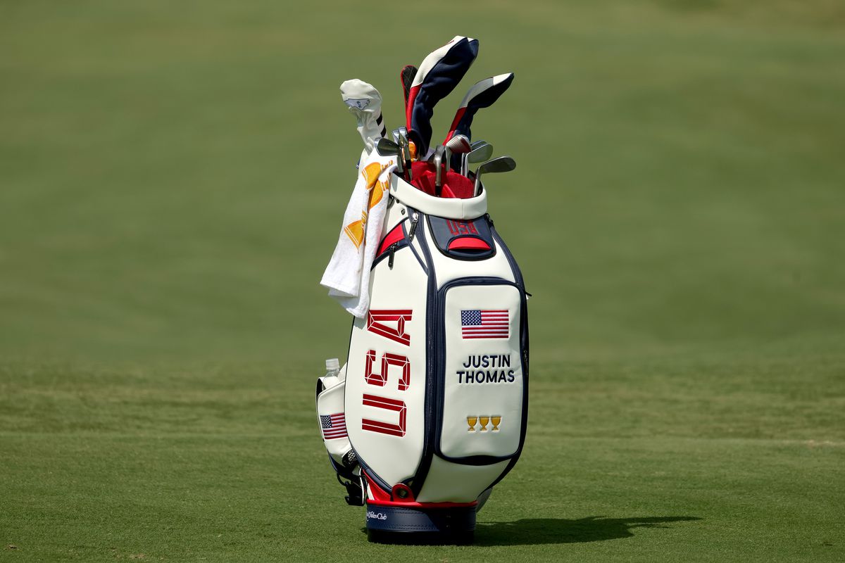 A detailed view of a golf bag belonging to Justin Thomas of the United States Team is sduring a practice round prior to the 2022 Presidents Cup at Quail Hollow Country Club on September 20, 2022 in Charlotte, North Carolina.