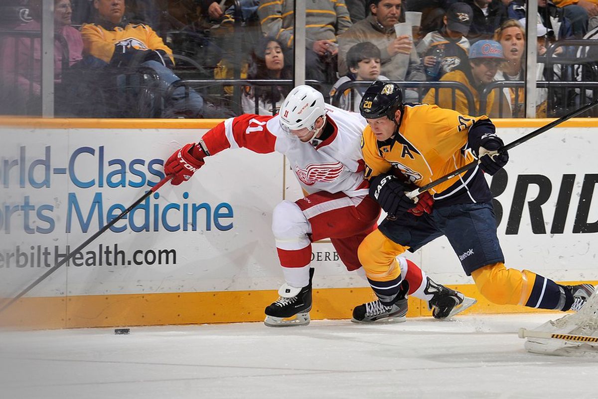NASHVILLE, TN - DECEMBER 26:  Ryan Suter #20 of the Nashville Predators checks Danny Cleary #11 of the Detroit Red Wings at the Bridgestone Arena on December 26, 2011 in Nashville, Tennessee.  (Photo by Frederick Breedon/Getty Images)