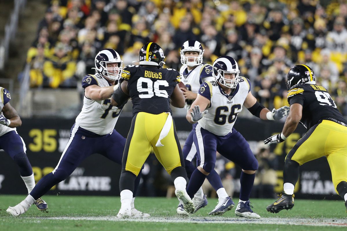 Los Angeles Rams RG David Edwards and C Austin Blythe block against the Pittsburgh Steelers in Week 10, Nov. 10, 2019.