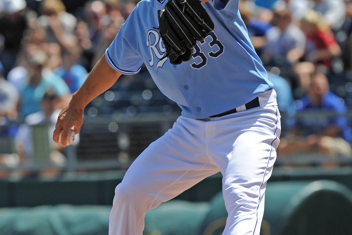 Kansas City, MO, USA; Kansas City Royals pitcher Jeremy Guthrie (33) delivers a pitch against the Chicago White Sox during the first inning at Kauffman Stadium.  Mandatory Credit: Peter G. Aiken-US PRESSWIRE