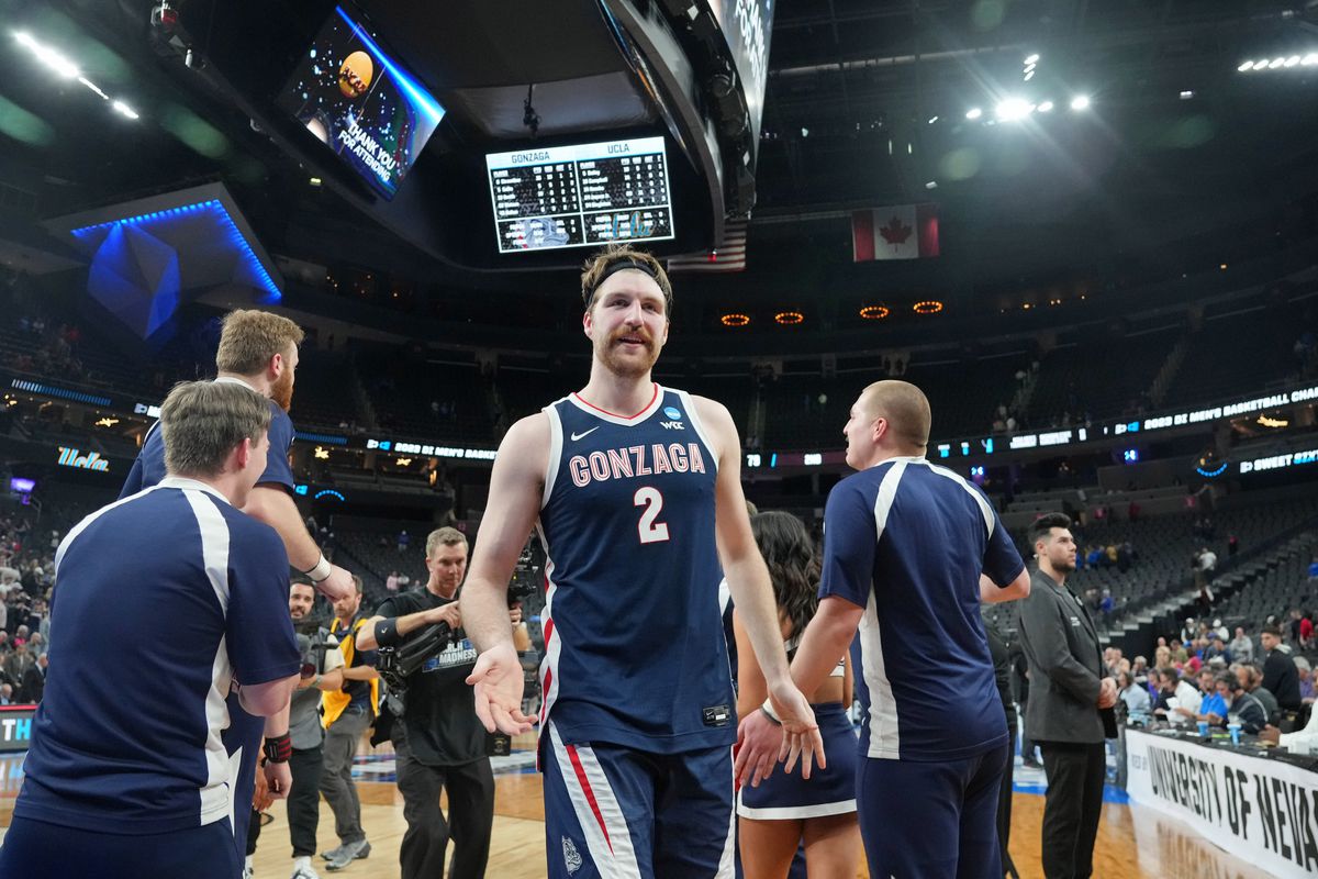 Gonzaga Bulldogs forward Drew Timme celebrates after their win against the UCLA Bruins at T-Mobile Arena.