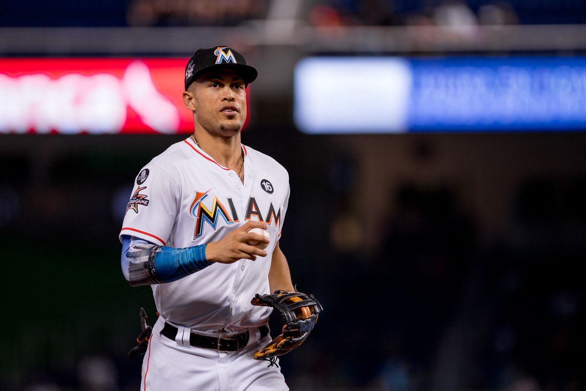 Giancarlo Stanton #27 of the Miami Marlins during the game against the Atlanta Braves at Marlins Park on October 1, 2017 in Miami, Florida.
