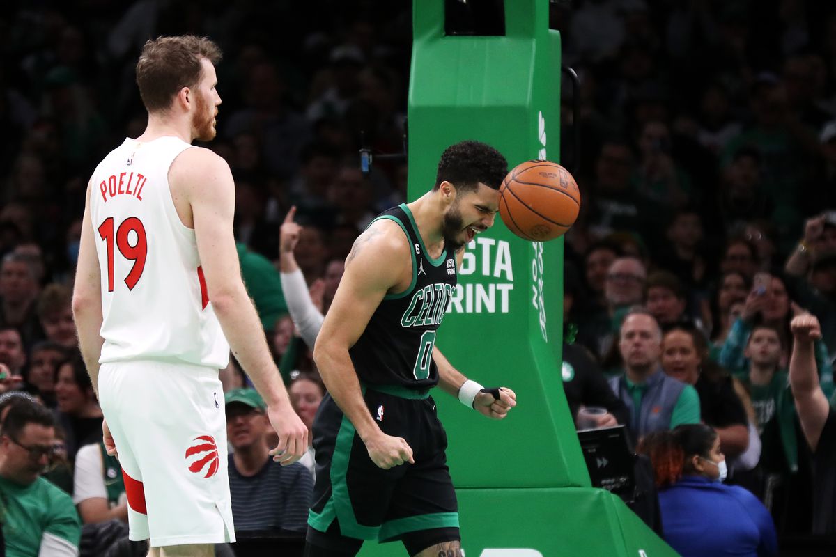 Jayson Tatum of the Boston Celtics reacts during the first quarter of the game against the Toronto Raptors at TD Garden on April 07, 2023 in Boston, Massachusetts.&nbsp;