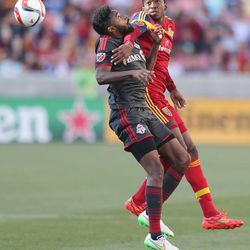 Real Salt Lake forward Olmes Garcia (13) and Toronto FC defender Warren Creavalle (3) compete in Sandy  Sunday, March 29, 2015. 