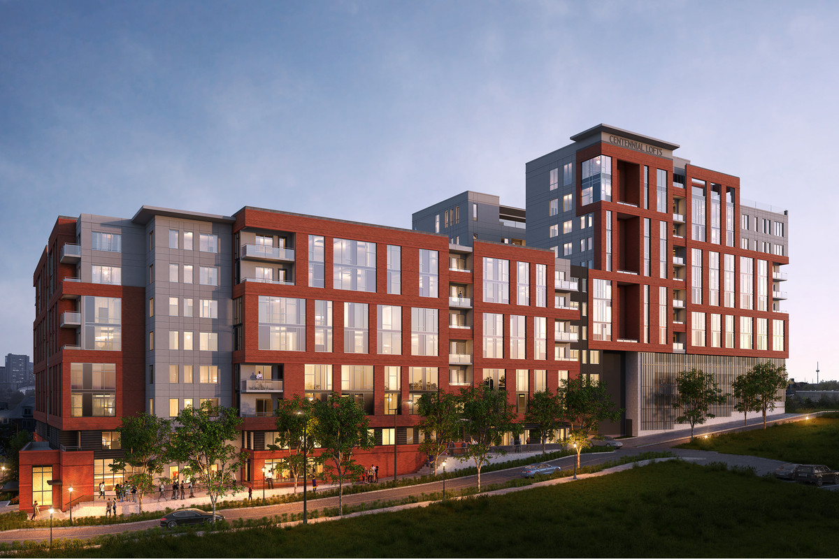 A rendering of a student housing complex with many windows and red accents in Atlanta.