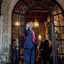President-elect Donald Trump waves to members of the media after a meeting with admirals and generals from the Pentagon at Mar-a-Lago, in Palm Beach, Fla., Wednesday, Dec. 21, 2016. 