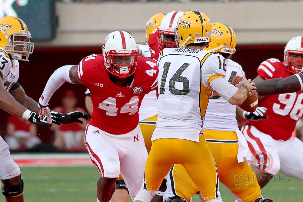 Nebraska's Randy Gregory is about to crush a quarterback