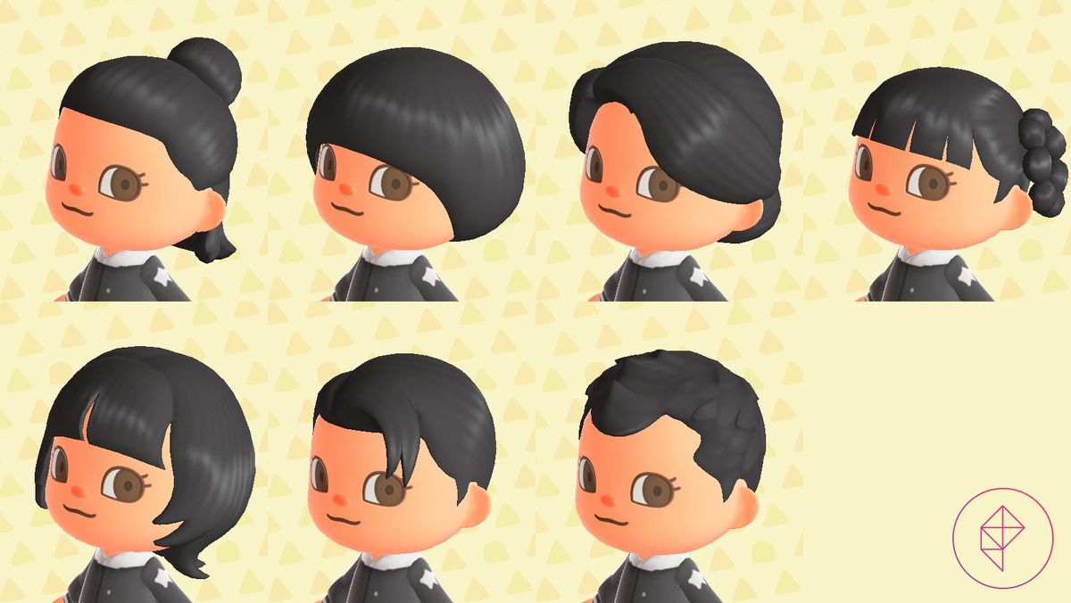 Seven hairstyles in New Horizons that you can learn from Harriet, including straight-cut bangs and a bowl cut.