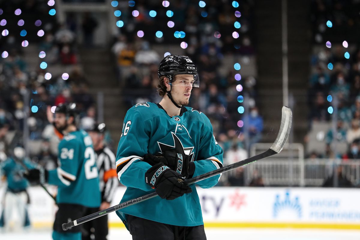 Jasper Weatherby #26 of the San Jose Sharks skates onto the ice for the next play against the Pittsburgh Penguins at SAP Center on January 15, 2022 in San Jose, California.