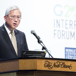 Elder Gerrit W. Gong of the Quorum of the Twelve Apostles of The Church of Jesus Christ of Latter-day Saints, delivers a speech during the G20 Interfaith Forum in Chiba, Japan, on

Saturday, June 8, 2019.