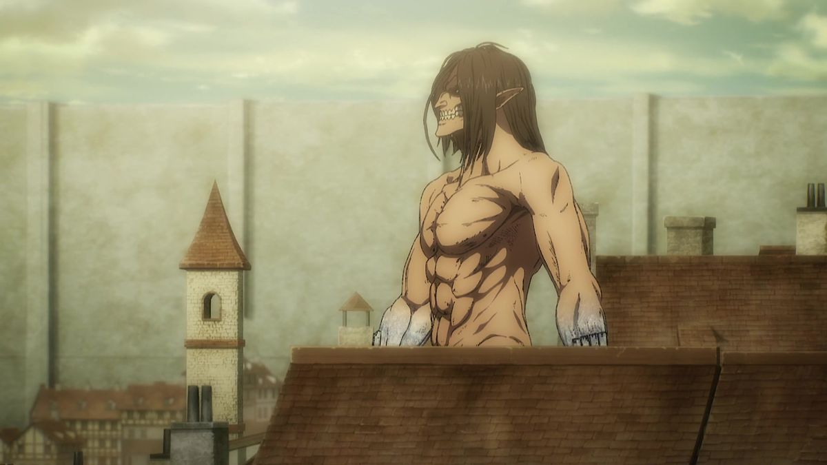 A titan walking through a town in Attack on Titan